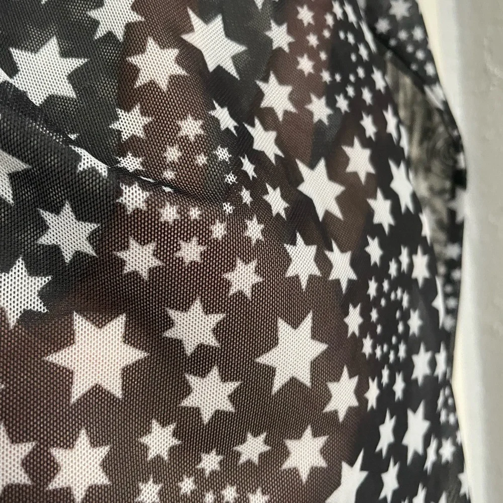 Free People Marne Sheer Black & White Star Tie Front Long Sleeve Crop Blouse - Picture 8 of 12